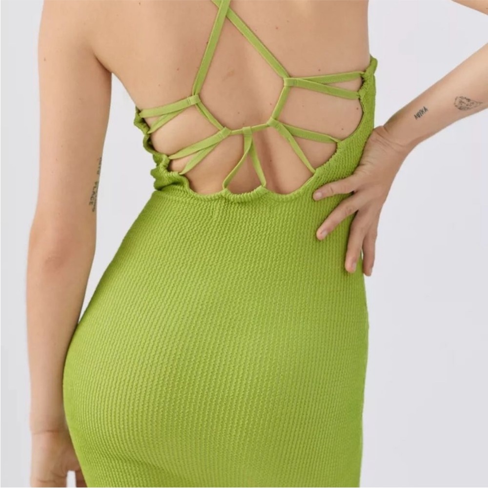 Urban Outfitters | Tyra Strappy Back Mini Dress Green Textured Rib Knit Small - Picture 14 of 16